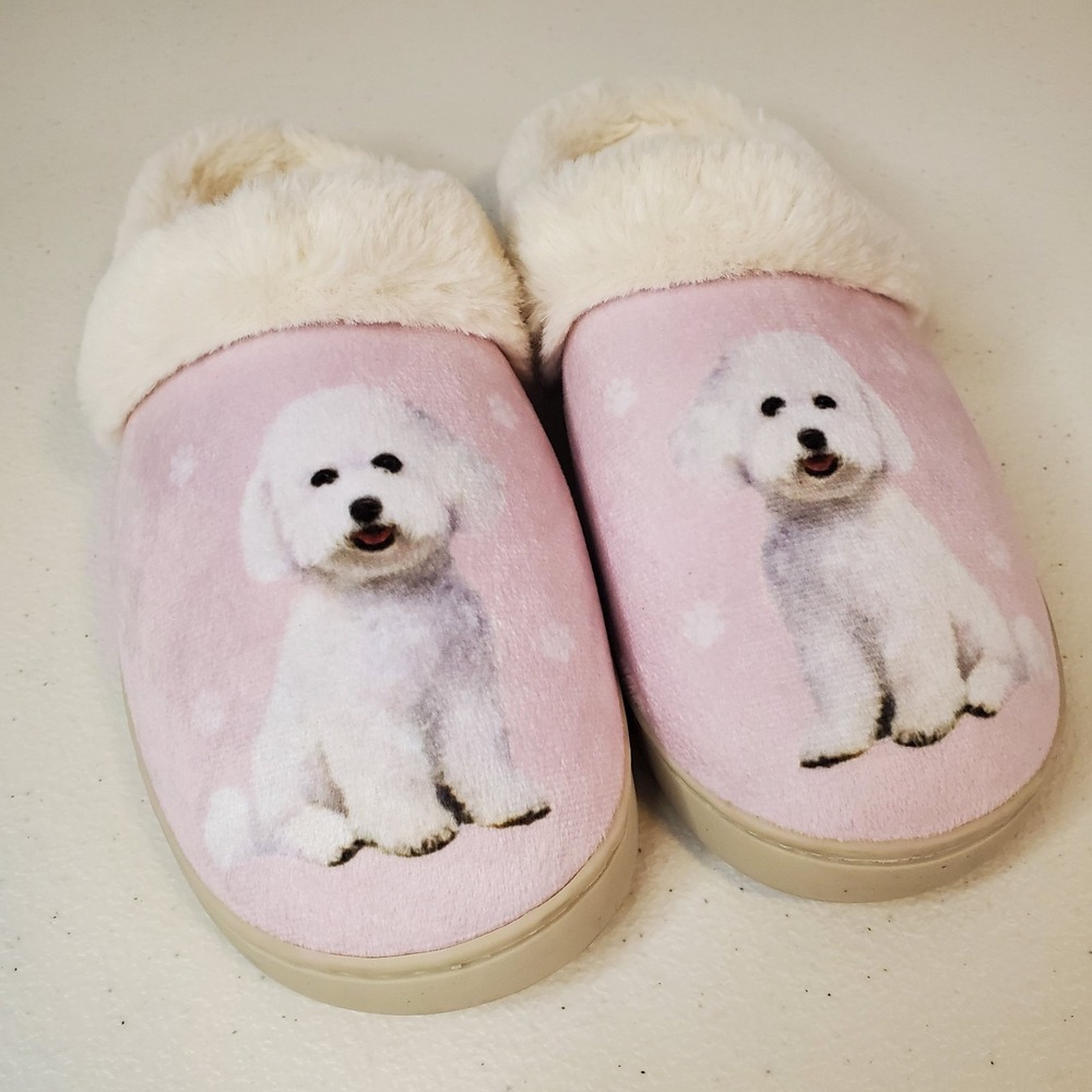 Snuggs Light Pink Bichon Frise Slippers Rubber Sole‎ Memory Foam, L/XL